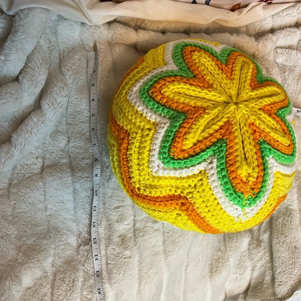 VTG Crochet Handmade Hippie Boho Yellow Green White Pom Decor Throw Neon Pillow